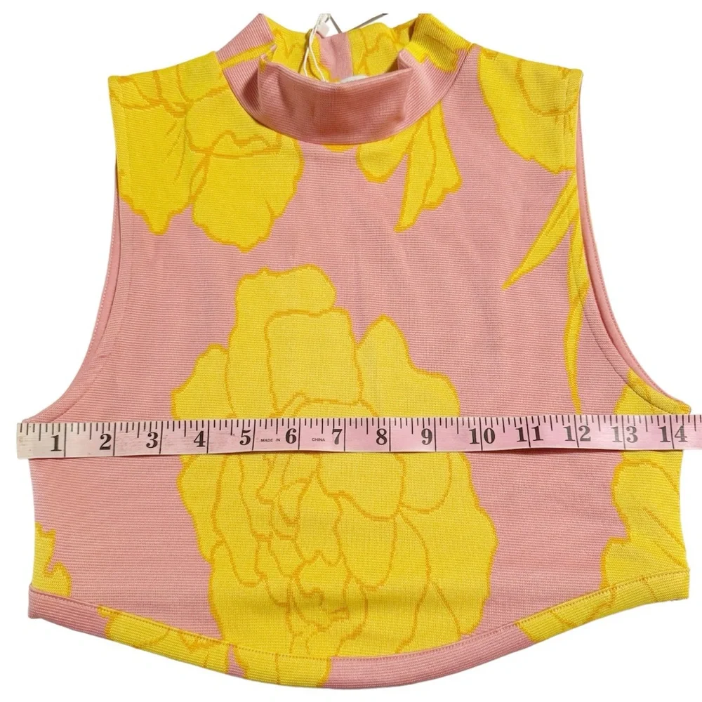 Zara NWT Floral Jacquard Mock Neck Crop Top in Peach Pink/Yellow Size Small - Picture 9 of 13